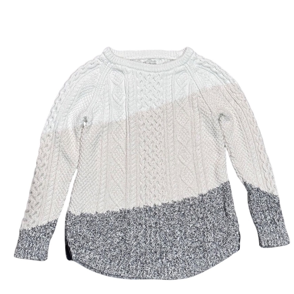 L.L. Bean Signature Cable Knit Sweater Womens M Cream Grey Colorblock HEAVY